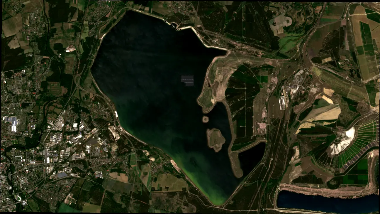 Sentinel-2 true-colour view of the Cottbuser Ostsee area on 27 May 2026, showing a large water body