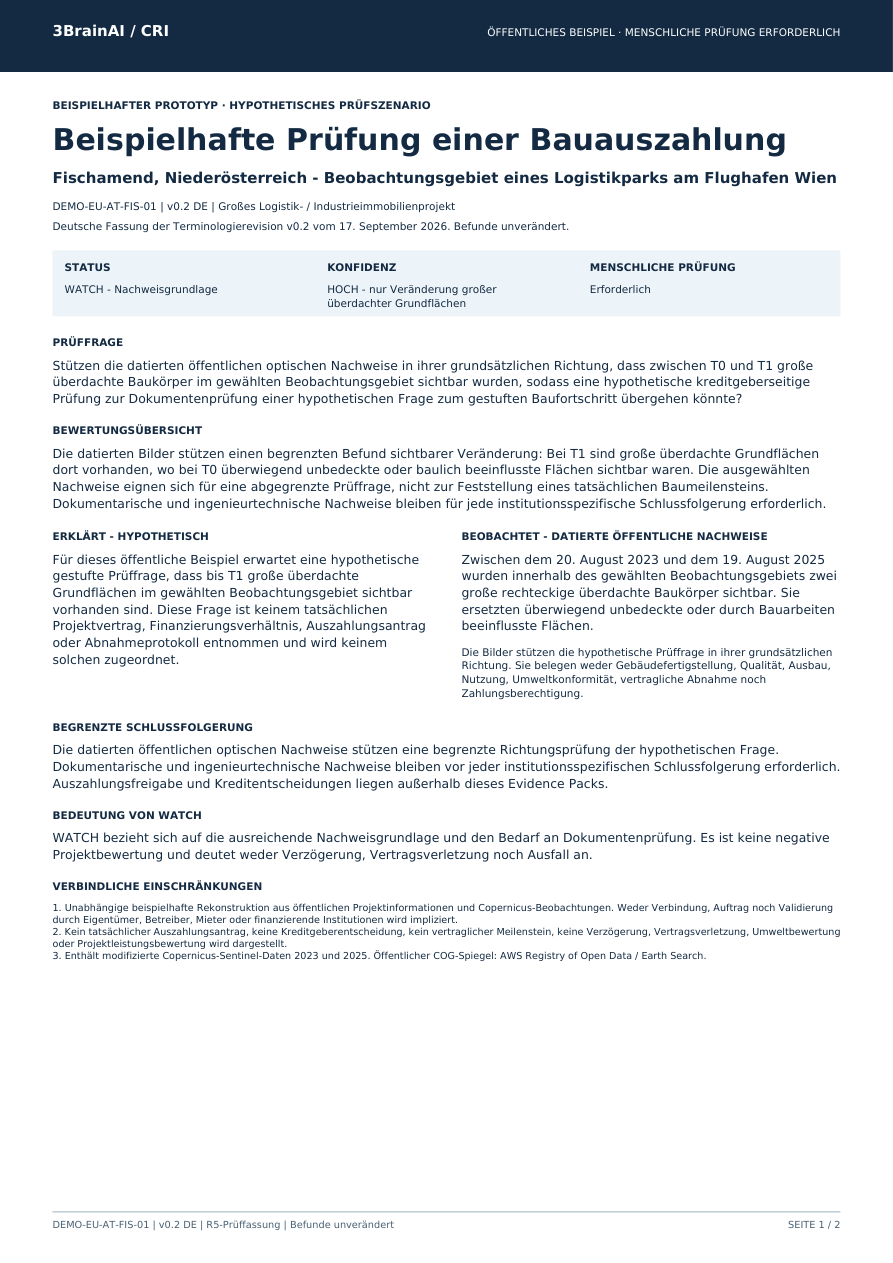 Originalseite 1 des öffentlichen Evidence Pack Fischamend: Prüffrage, hypothetische Erklärungen, datierte Beobachtungen, begrenzte Schlussfolgerung und Bedeutung von WATCH.