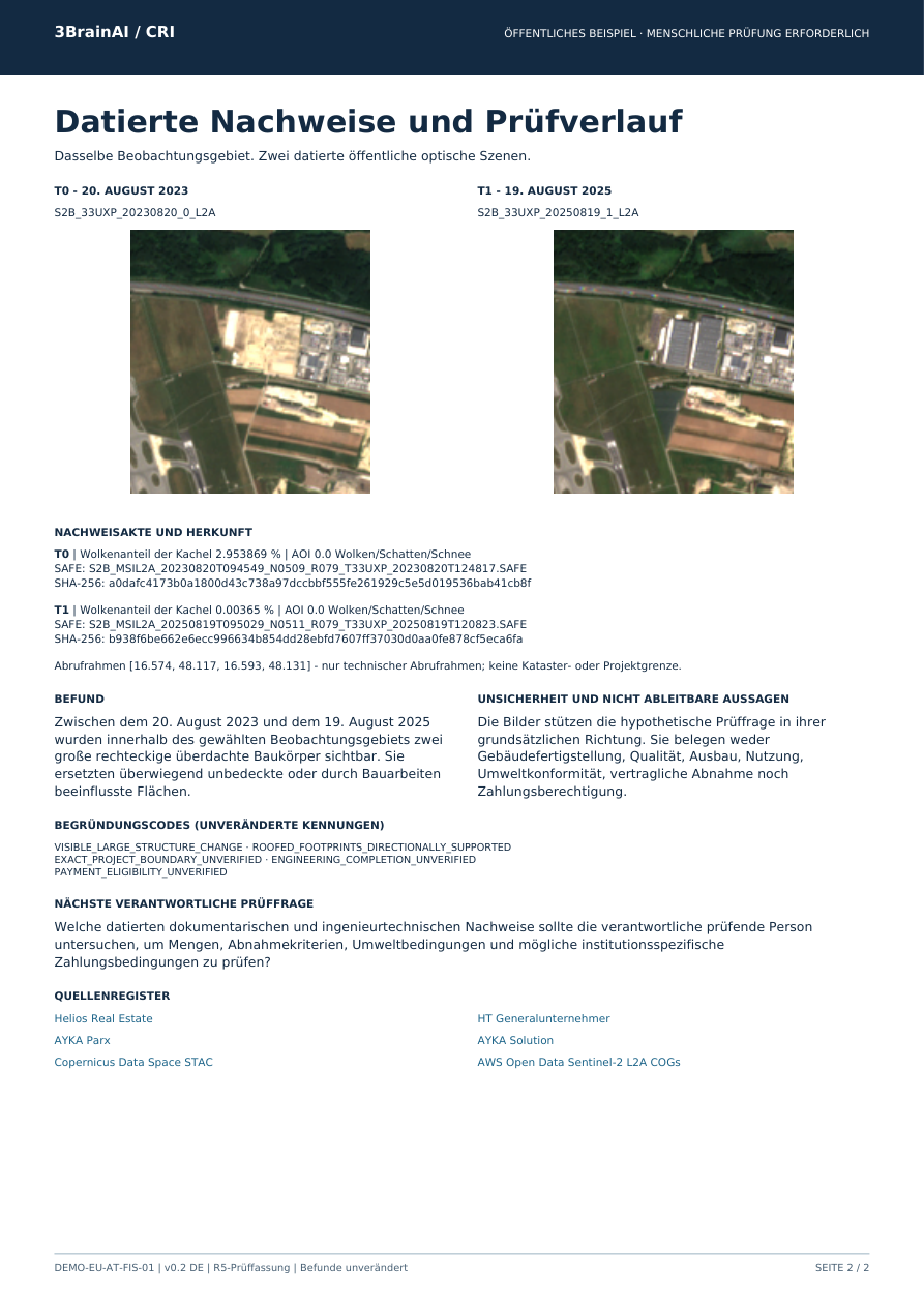 Zweite Seite des öffentlichen Datensatzes Fischamend: zwei datierte optische Aufnahmen, Quellenangaben und Grenzen.