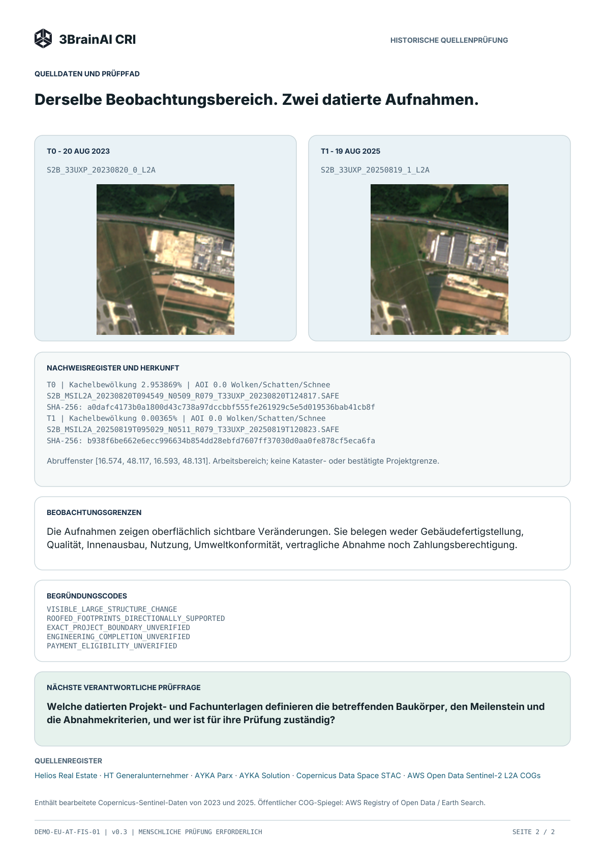 Zweite Seite des öffentlichen Datensatzes Fischamend: zwei datierte optische Aufnahmen, Quellenangaben und Grenzen.