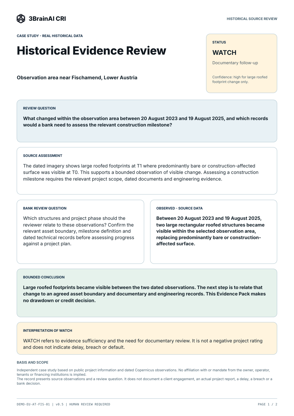 Page 1 of the public Fischamend Evidence Pack v0.5: bank review question, dated observations, bounded conclusion and interpretation of WATCH.