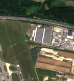 True-colour Sentinel-2 crop for T1, acquired 19 August 2025, showing the same Fischamend observation area.